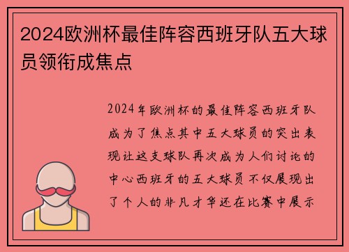 2024欧洲杯最佳阵容西班牙队五大球员领衔成焦点