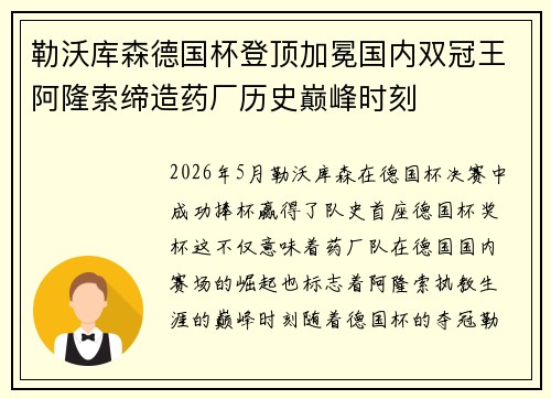 勒沃库森德国杯登顶加冕国内双冠王阿隆索缔造药厂历史巅峰时刻