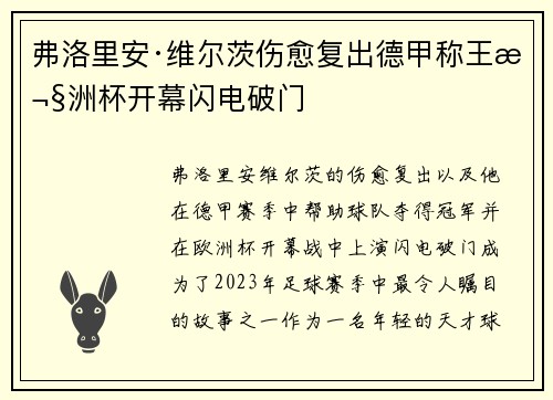 弗洛里安·维尔茨伤愈复出德甲称王欧洲杯开幕闪电破门 弗洛里安·维尔茨伤愈复出德甲称王欧洲杯开幕闪电破门